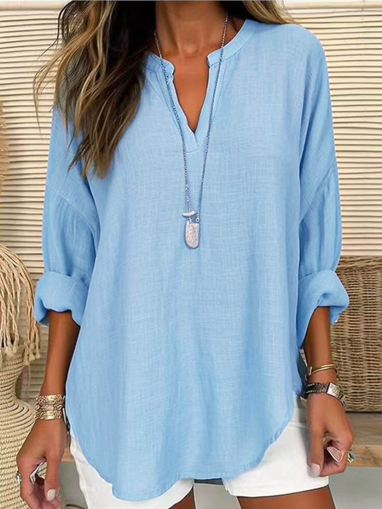 Women's Casual V-neck Cotton And Linen Solid Color Shirt