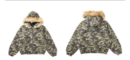 American Retro Heavy Big Fur Collar Hooded Camouflage Cotton Jacket