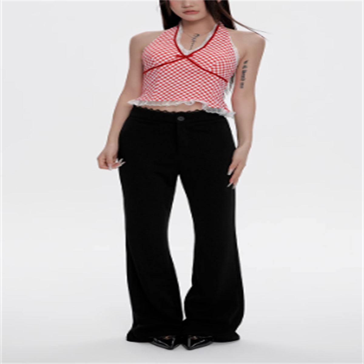 Lace Stitching Black Flared Pants For Women In Summer High Waist