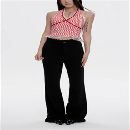 Lace Stitching Black Flared Pants For Women In Summer High Waist
