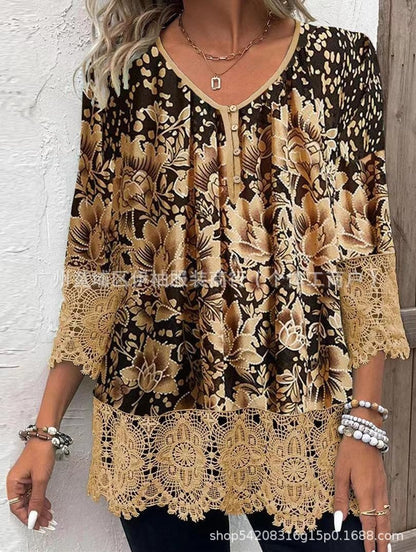 Casual Lace Printed Lace Button Top