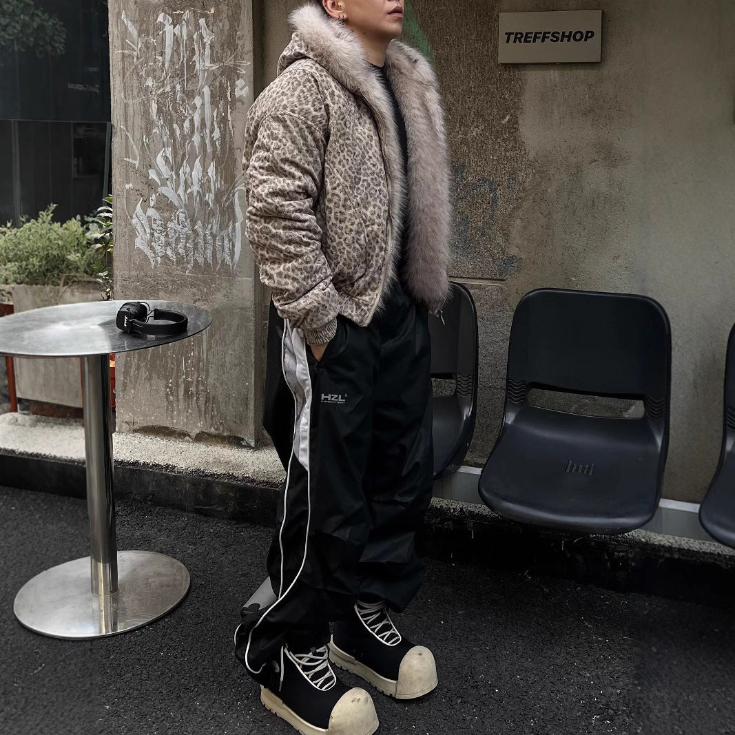 American Street Fashion Mountain Carving Leopard Print Hooded Cotton Coat Jacket