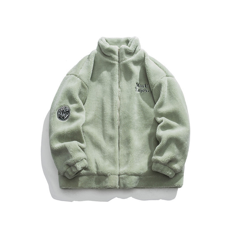 Casual Letter Embroidered Lamb Wool Coat Neutral Cotton-padded Jacket