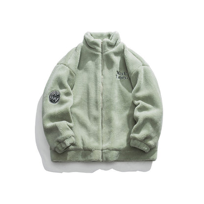 Casual Letter Embroidered Lamb Wool Coat Neutral Cotton-padded Jacket
