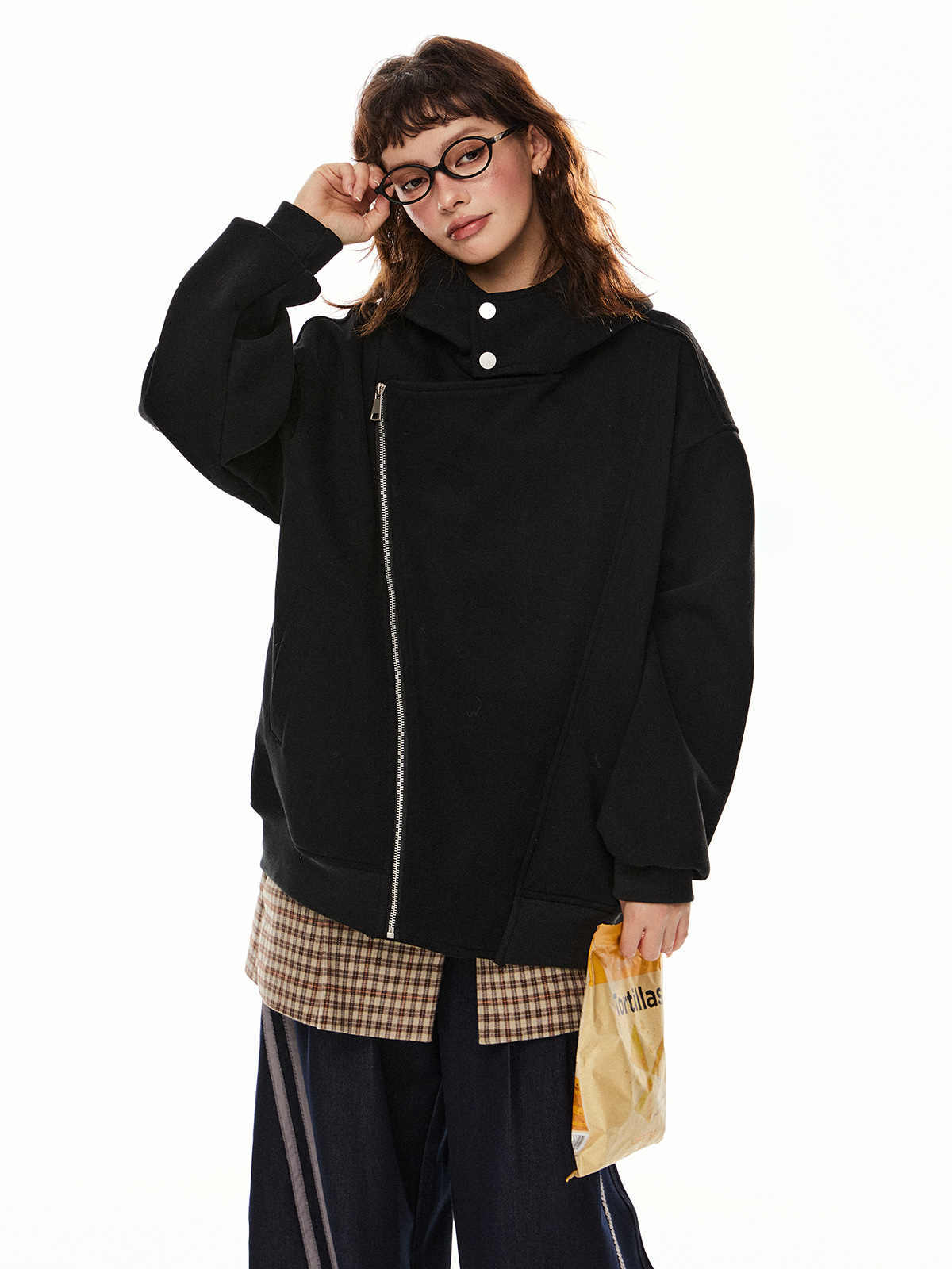 Retro Double Zipper Cardigan Hoodie Women's Casual Irregular Coat