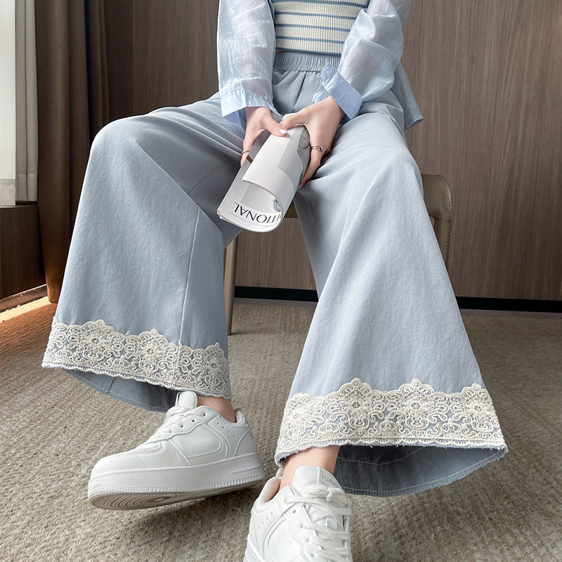 Women's Washed Cotton Lace Wide-leg Pants