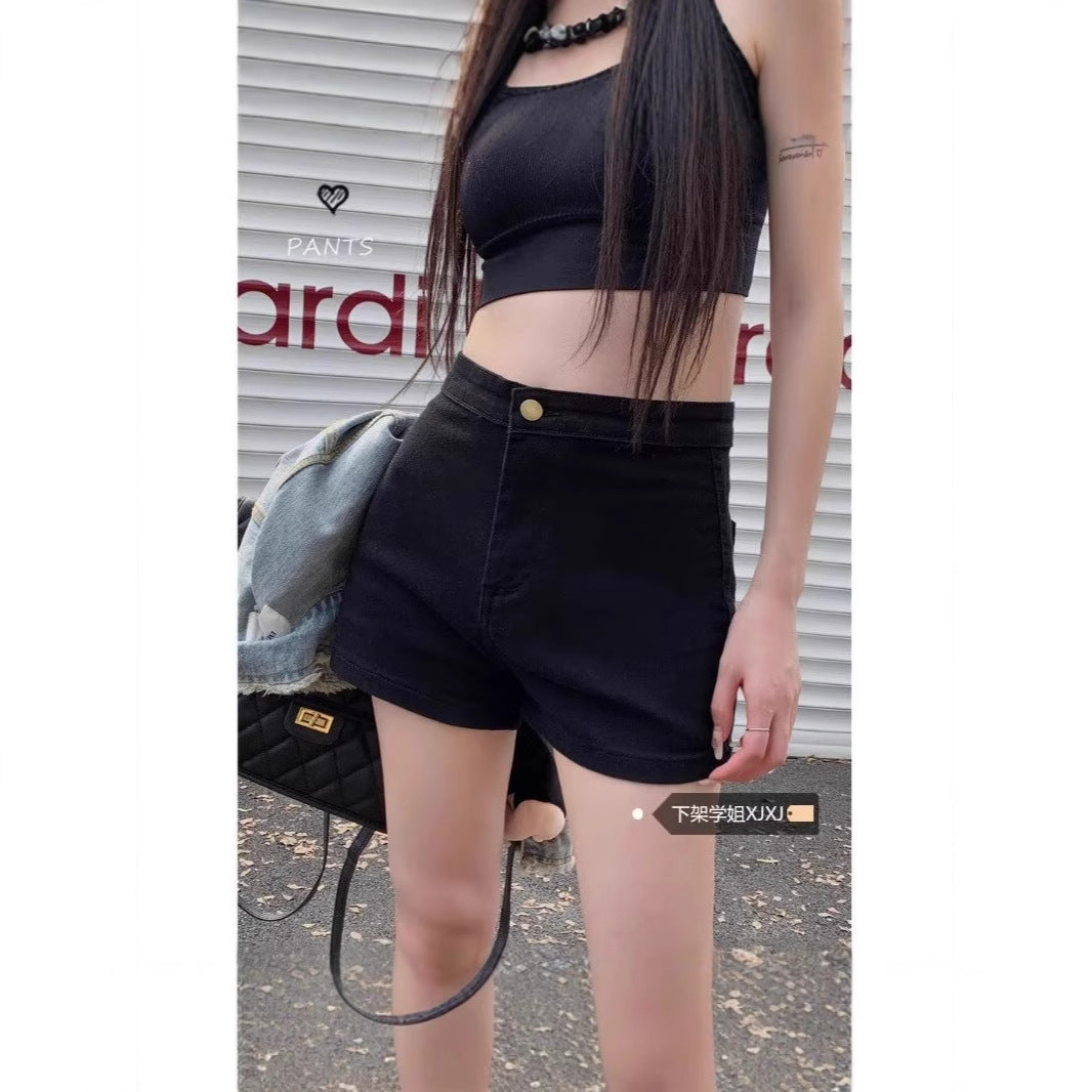 Black Denim Shorts High Waist Slimming Hot Pants