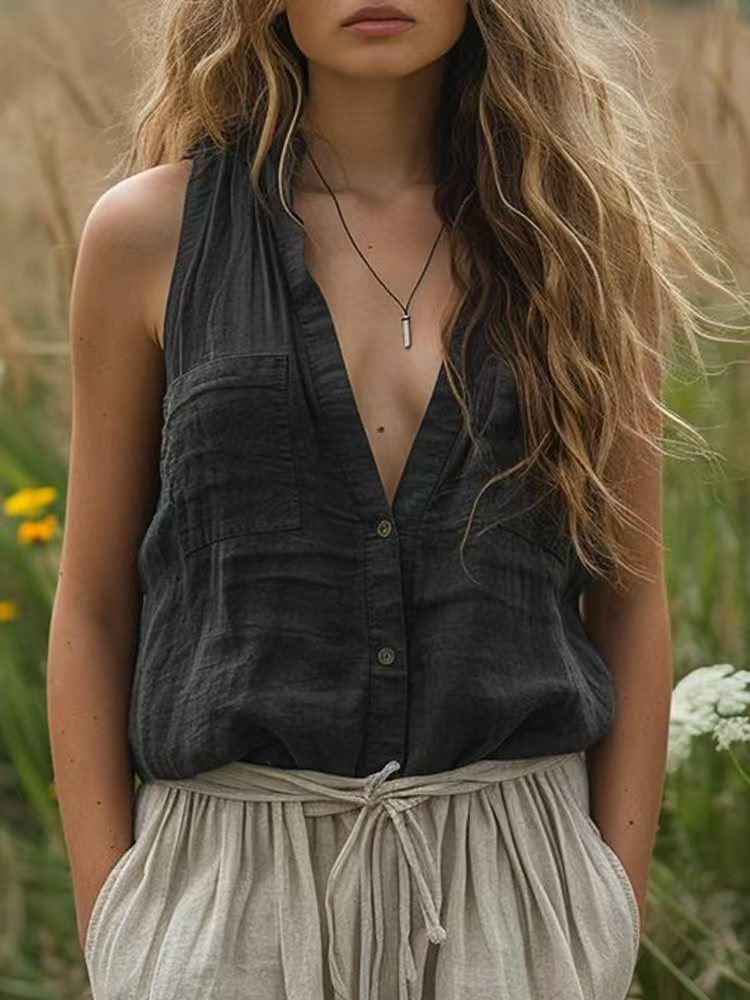 Women's Casual Loose Sleeveless Cotton Linen V-neck Pocket Vest Shirt