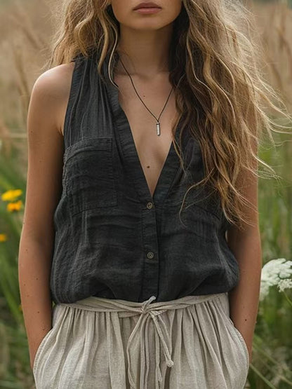 Women's Casual Loose Sleeveless Cotton Linen V-neck Pocket Vest Shirt