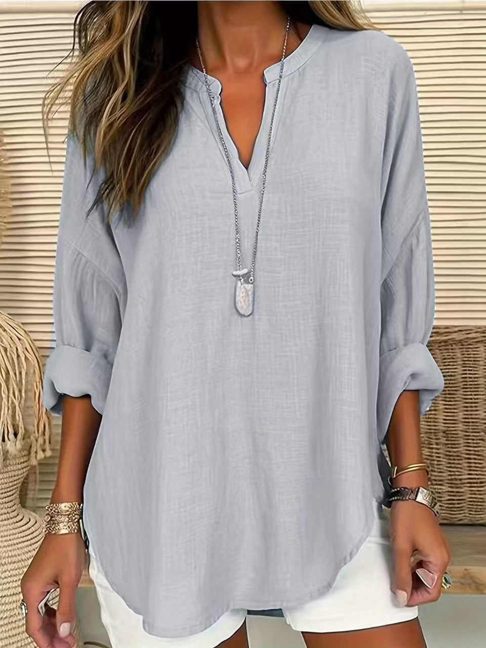 Women's Casual V-neck Cotton And Linen Solid Color Shirt