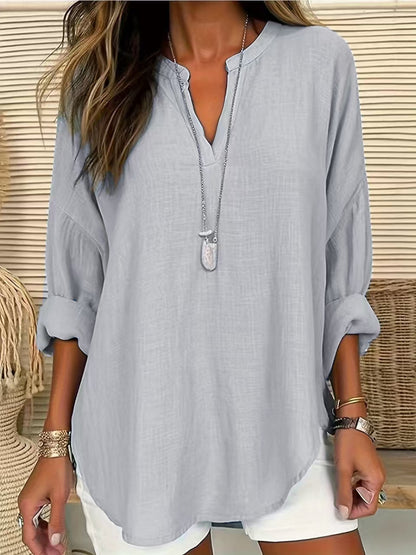 Women's Casual V-neck Cotton And Linen Solid Color Shirt