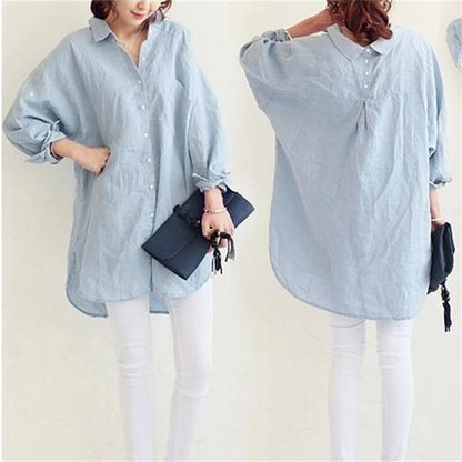 Plus Size Loose All-match Cotton And Linen Textured Shirt For Women