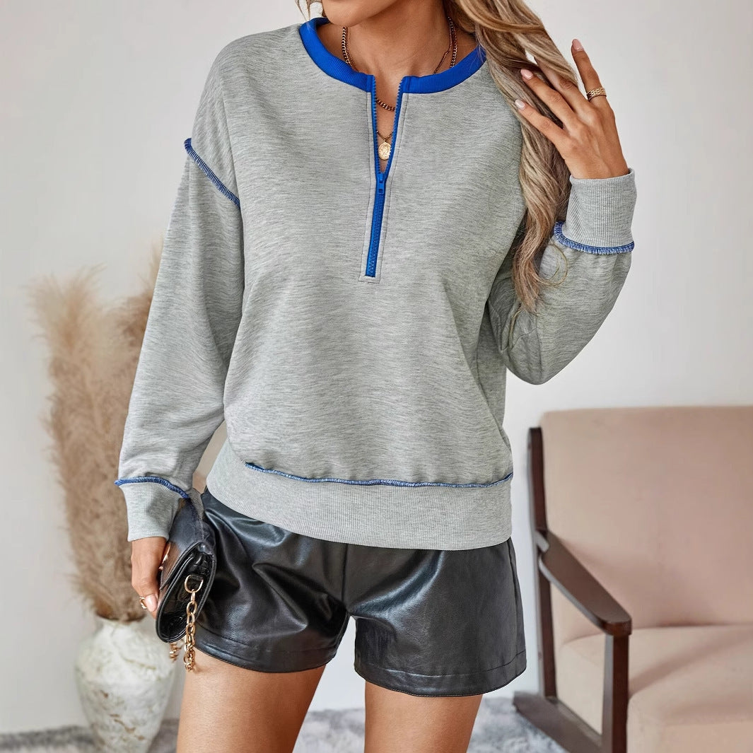Women's Casual Fashion Color Contrast Edge Zipper Cuff Hoodie