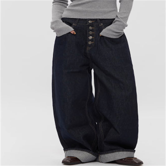 Spring And Autumn Straight Simple Retro Loose Wide-leg Jeans