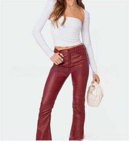 Women's Fashion Denim Leather Bell-bottom Pants