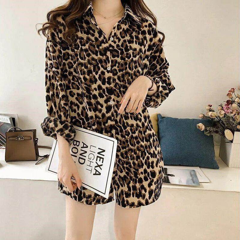 New Stylish Loose Plus Size Leopard Long Sleeve Pattern Mid-length Shirt For Women