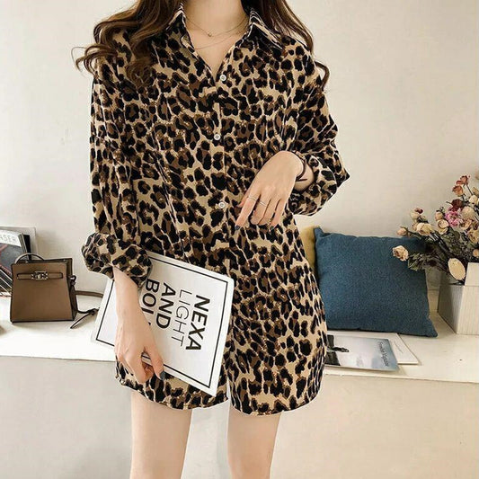New Stylish Loose Plus Size Leopard Long Sleeve Pattern Mid-length Shirt For Women