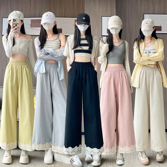 Women's Washed Cotton Lace Wide-leg Pants