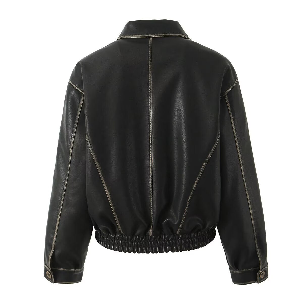 American Retro Asymmetric Colored Leather Distressed Casual Polo Collar Short PU Leather Jacket