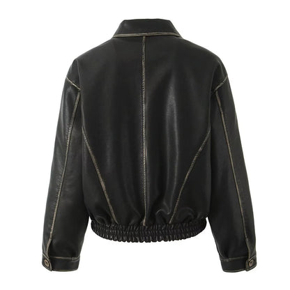 American Retro Asymmetric Colored Leather Distressed Casual Polo Collar Short PU Leather Jacket