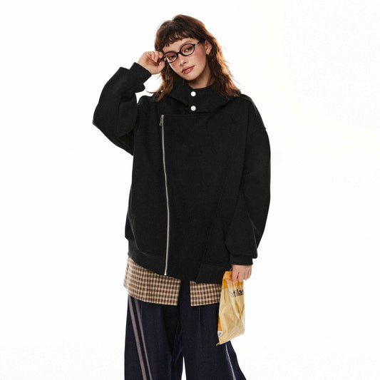 Retro Double Zipper Cardigan Hoodie Women's Casual Irregular Coat
