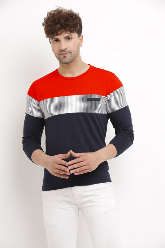 Men’s Red Color Block Full Sleeves T-Shirt – Casual &amp; Trendy
