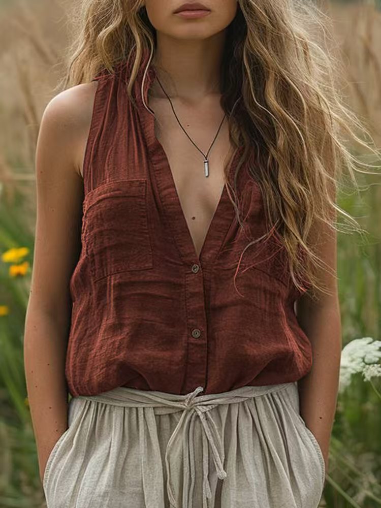 Women's Casual Loose Sleeveless Cotton Linen V-neck Pocket Vest Shirt