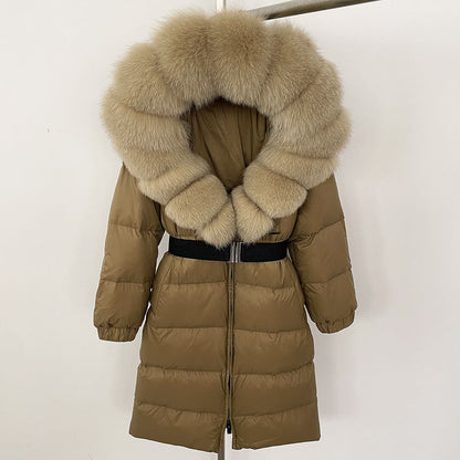 Women's Long Cinched Hoodie Real Fox Fur Collar Coat