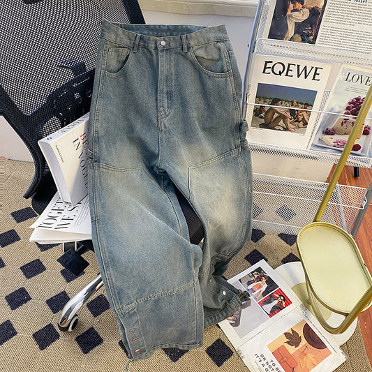 Split Breasted Jeans Men's Ins Trendy Straight Slightly Pull