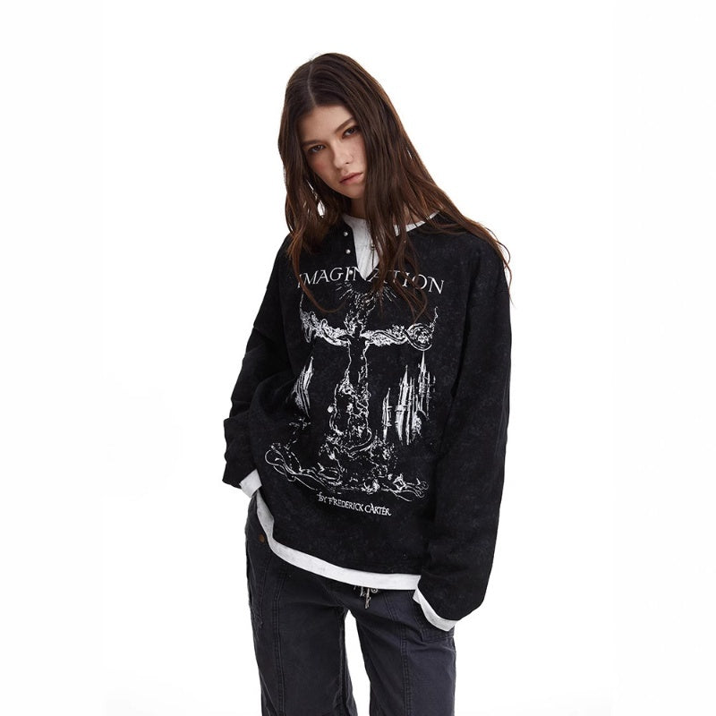 American Retro Punk Printed Pearl Buckle Fake Two-piece Long Sleeve