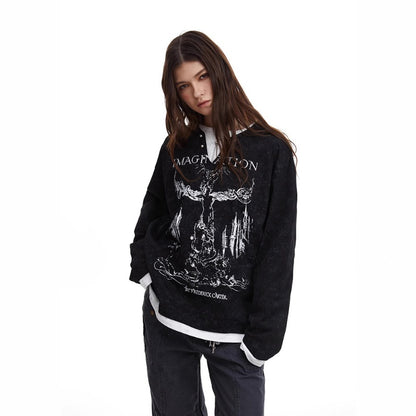 American Retro Punk Printed Pearl Buckle Fake Two-piece Long Sleeve
