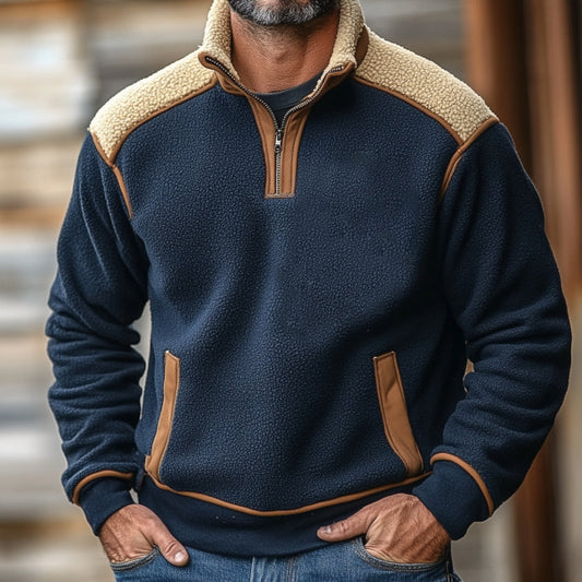 Color Stitching Stand-collar Lambswool Zipper Sweater