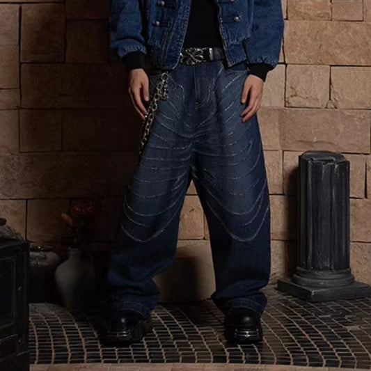 Design Washed Distressed Laser Cat Beard Starry Rhinestone Hot Drilling Loose Wide Leg Jeans