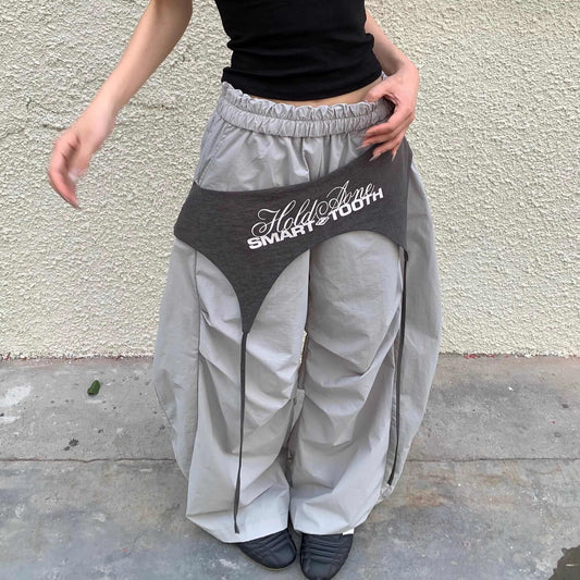 Contrast Color Lace-up Profile Matchet Pants Loose Wide-leg Pants