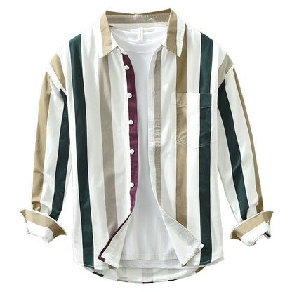 Striped Long Sleeve Shirt Men's Versatile Leisure Artistic Loose Square Collar Top