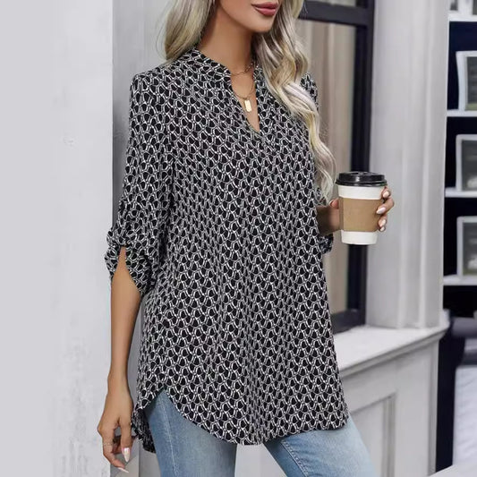 Women's Loose Long Sleeve Printed V-neck Shirt