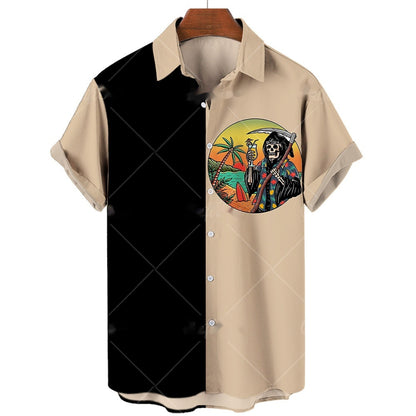 Men's Short-sleeve Lapel Shirt 3D Digital Skull Printed Shirt