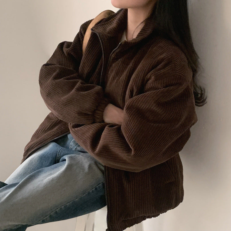 Lapel Sunken Stripe Design Loose Corduroy Cotton-padded Short Coat For Women