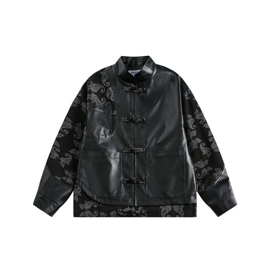 Spring New Chinese Stitching Buckle Stand Collar PU Leather Jacket