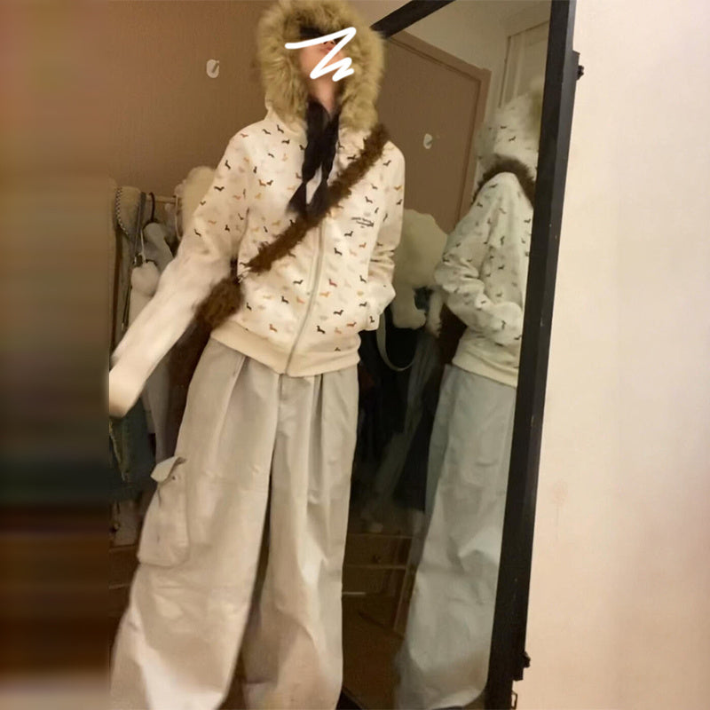 Loose Casual Cardigan American Retro Fur Collar Hoodie Coat