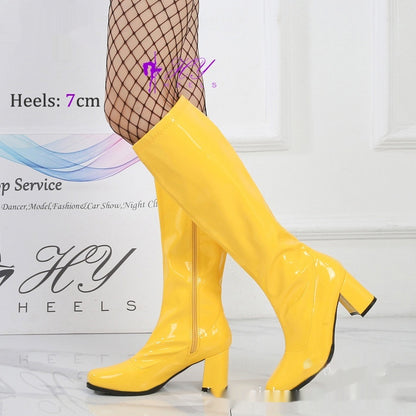 Patent Leather Stretch Chunky Heel All-matching Middle Boots