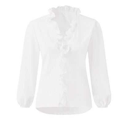 Women's Solid Color Long Sleeve Ruffled V-neck Pleated Shirt For Women