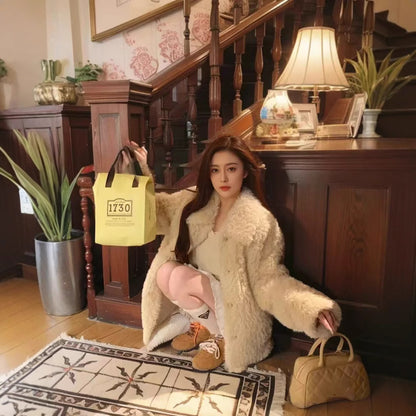 Women's Korean-style Lapel Thickening Warm Furry Coat
