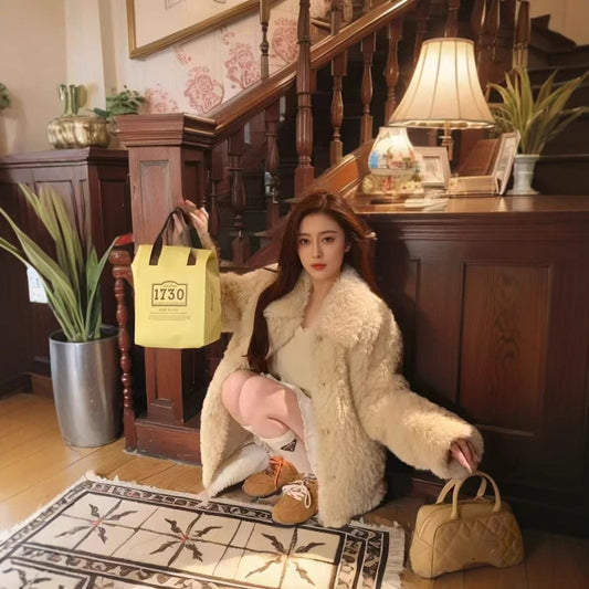 Women's Korean-style Lapel Thickening Warm Furry Coat
