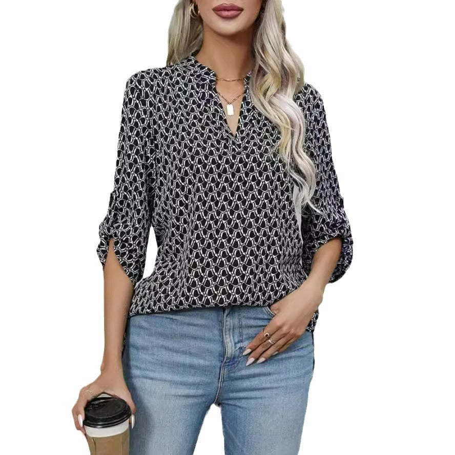 Women's Loose Long Sleeve Printed V-neck Shirt
