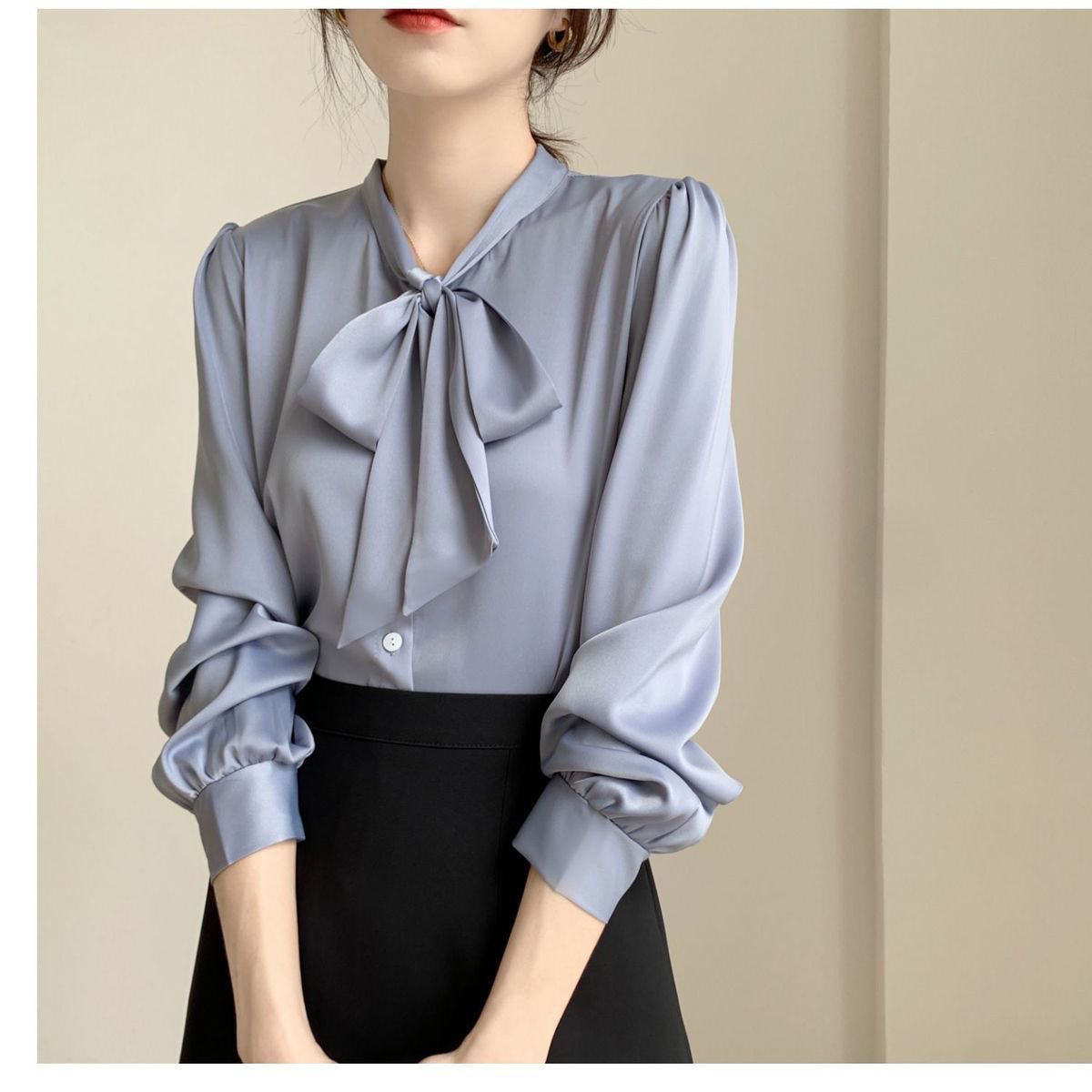 Lace-up Bow Business Wear Solid Color Bottoming Long Sleeve Shirt