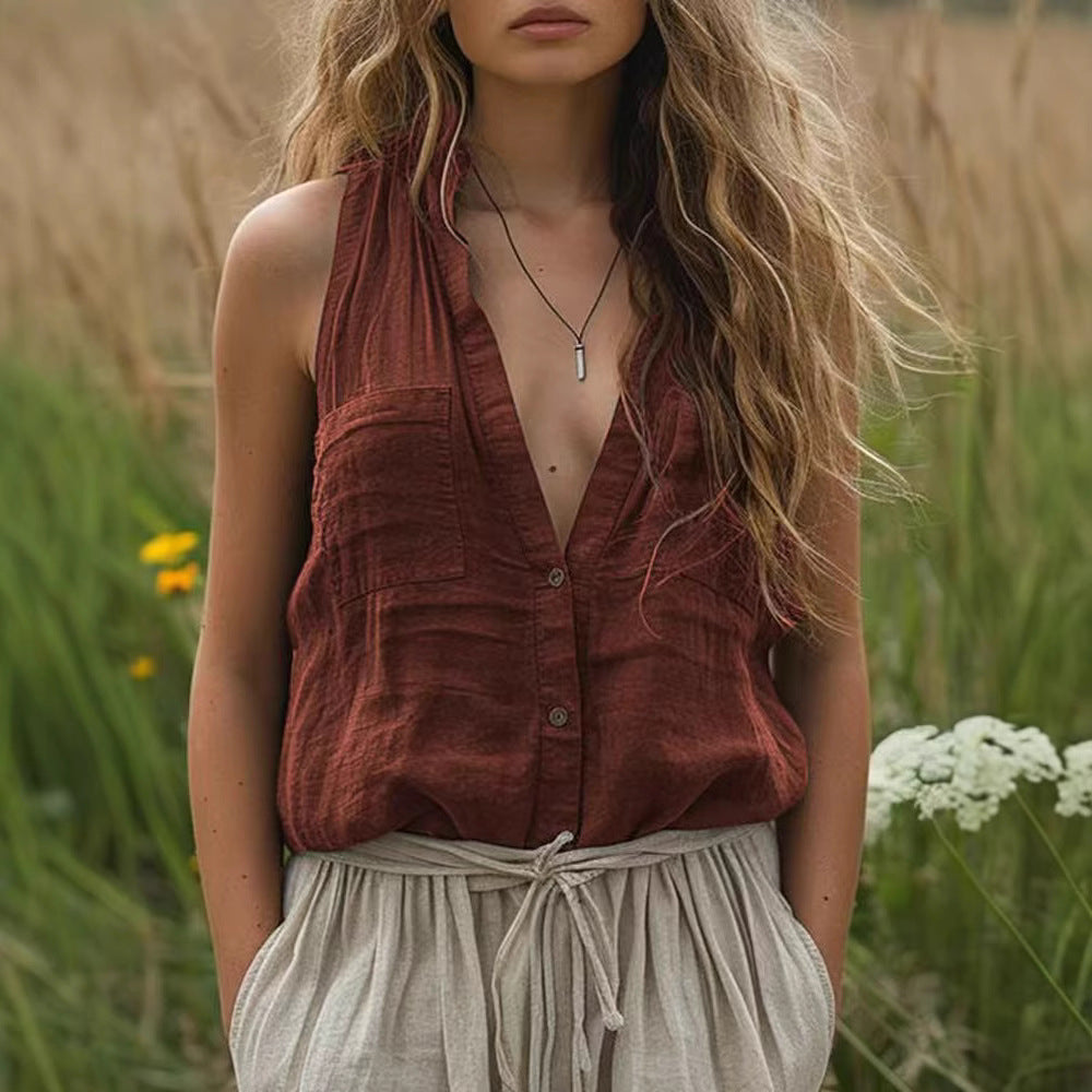 Women's Casual Loose Sleeveless Cotton Linen V-neck Pocket Vest Shirt