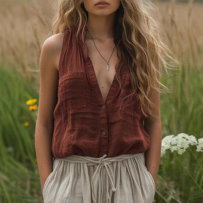 Women's Casual Loose Sleeveless Cotton Linen V-neck Pocket Vest Shirt
