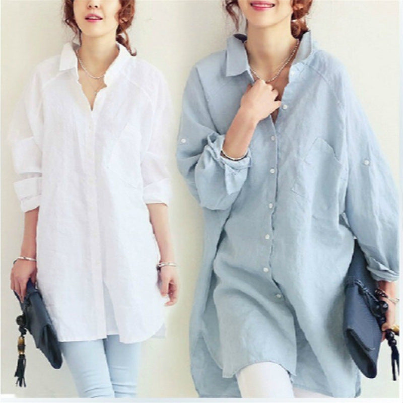 Plus Size Loose All-match Cotton And Linen Textured Shirt For Women