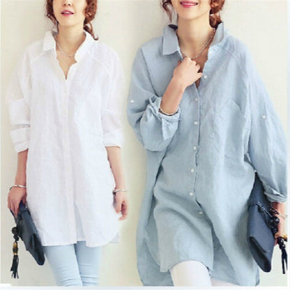 Plus Size Loose All-match Cotton And Linen Textured Shirt For Women